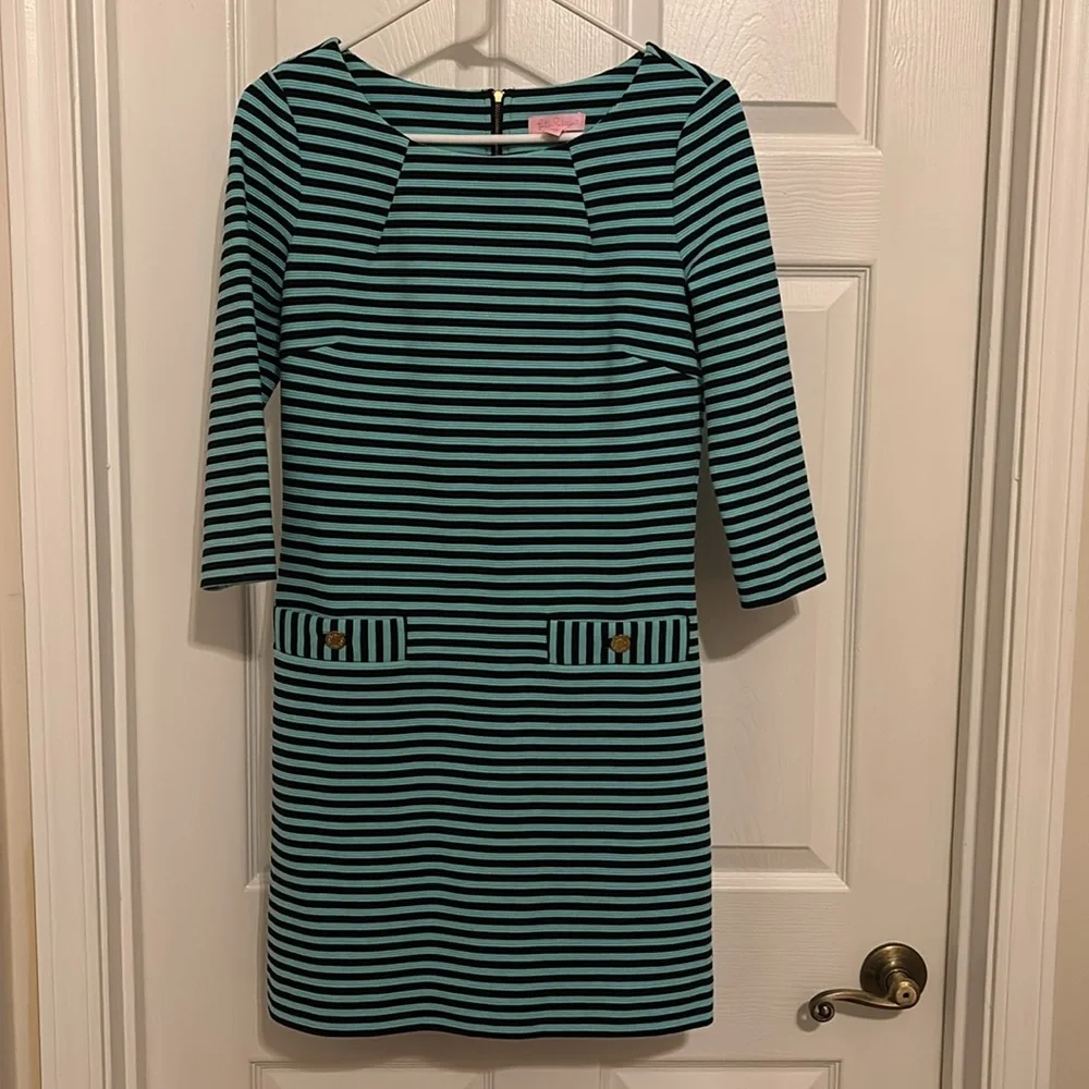 Lilly Pulitzer Charlene Dress Tropez Blue Ottoman Stripe 3/4 Sleeves Size S - Picture 2 of 5